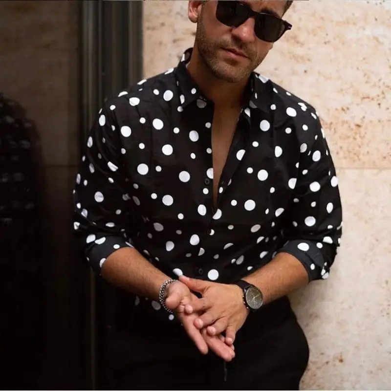 2022 New Single Breasted Black Dot Men's Shirts Business Casual Fashion Long Sleeve Fleece Men's Shirts Autumn Slim Shirts for M