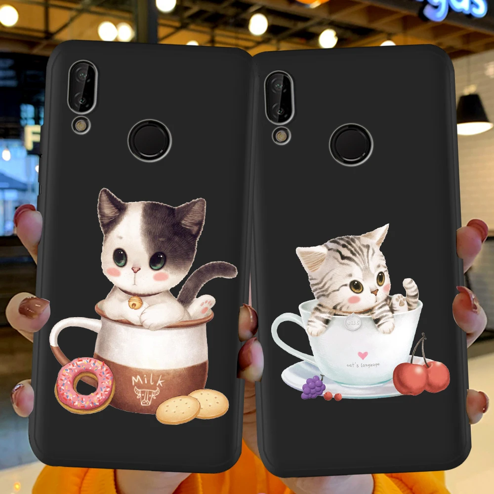 

Cartoon Cute Animal Teacup Cat Coque Silicone Funda for Huawei P40 P30 P20 P10 P8 Lite 2017 Mate 30 20 10 Lite Pro Phone Case