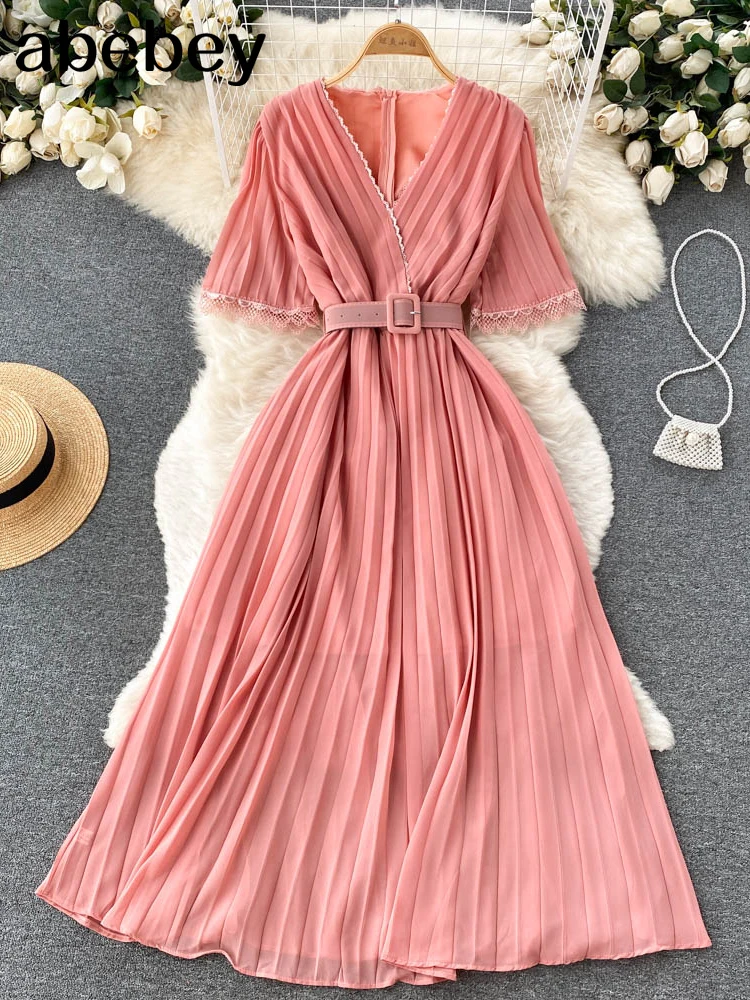 

Женское шифоновое платье для отпуска, длинное однотонное плиссированное платье макси в богемном стиле с V-образным вырезом, лето 2022