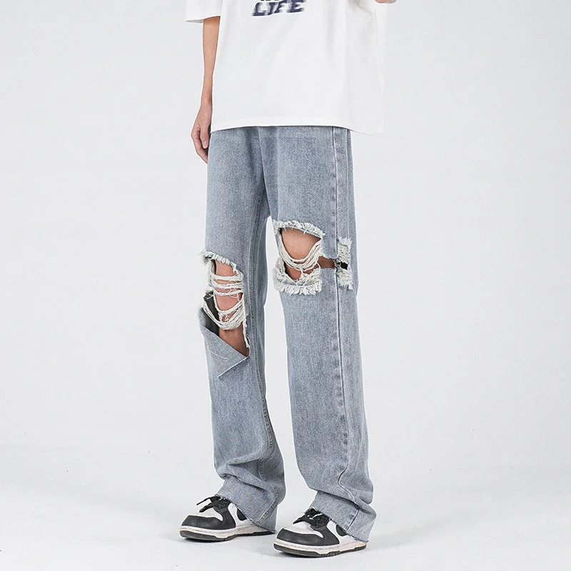 Blue Ripped Baggy Jeans Men Fashion Casual Wide Leg Jeans Men Streetwear Loose Hip Hop Hole Straight Denim Pants Mens Trousers