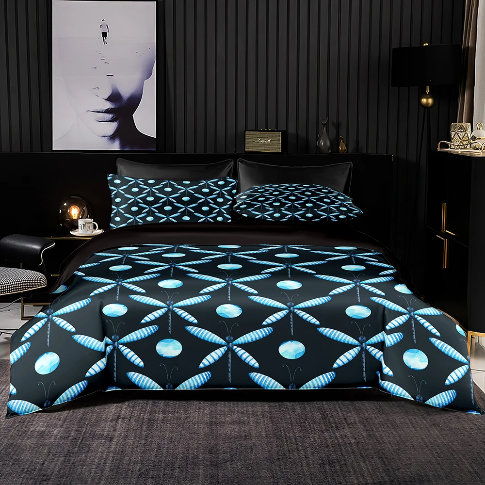 

Black Bedding Set American Style Duvet Cover Set &Pillowcase Quilt Cover Queen King Size Light Blue Windmill Print Bed Accessory