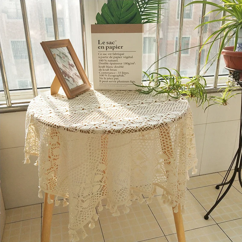 

NEW Pastoral Vintage Handmade Crochet Small Broom Tassel Beige Square Tablecloth Bedroom Round Table Cover Cloth Many Sizes Set