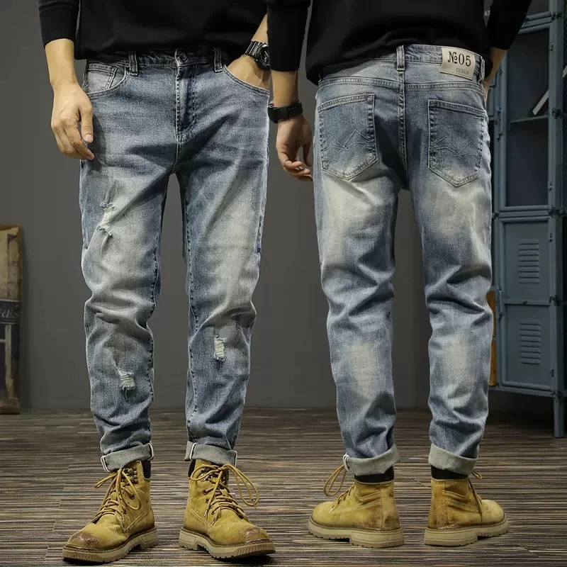 Newly Vintage Fashion Men Jeans Retro Blue Stretch Slim Fit Hole Ripped Jeans Men Trousers Casual Designer Denim Pants Hombre