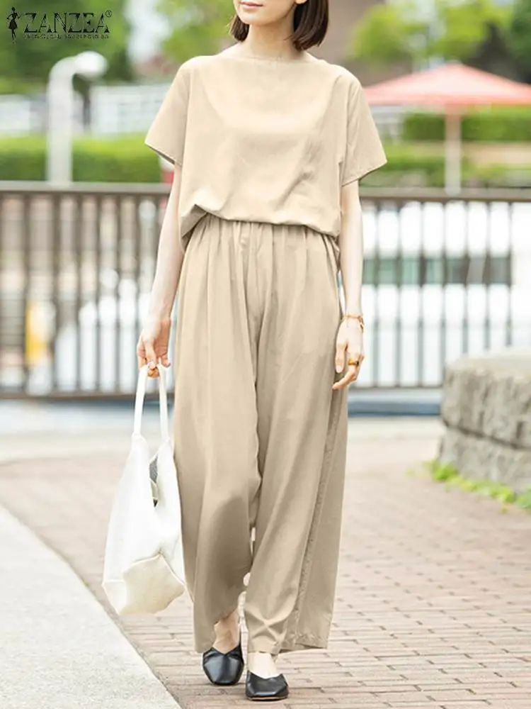 

Women Solid Blouse And Wide Leg Pants ZANZEA Summer 2PCS 2022 Fashion Short Sleeve Tracksuits Casual Vintage Baggy Matching Sets