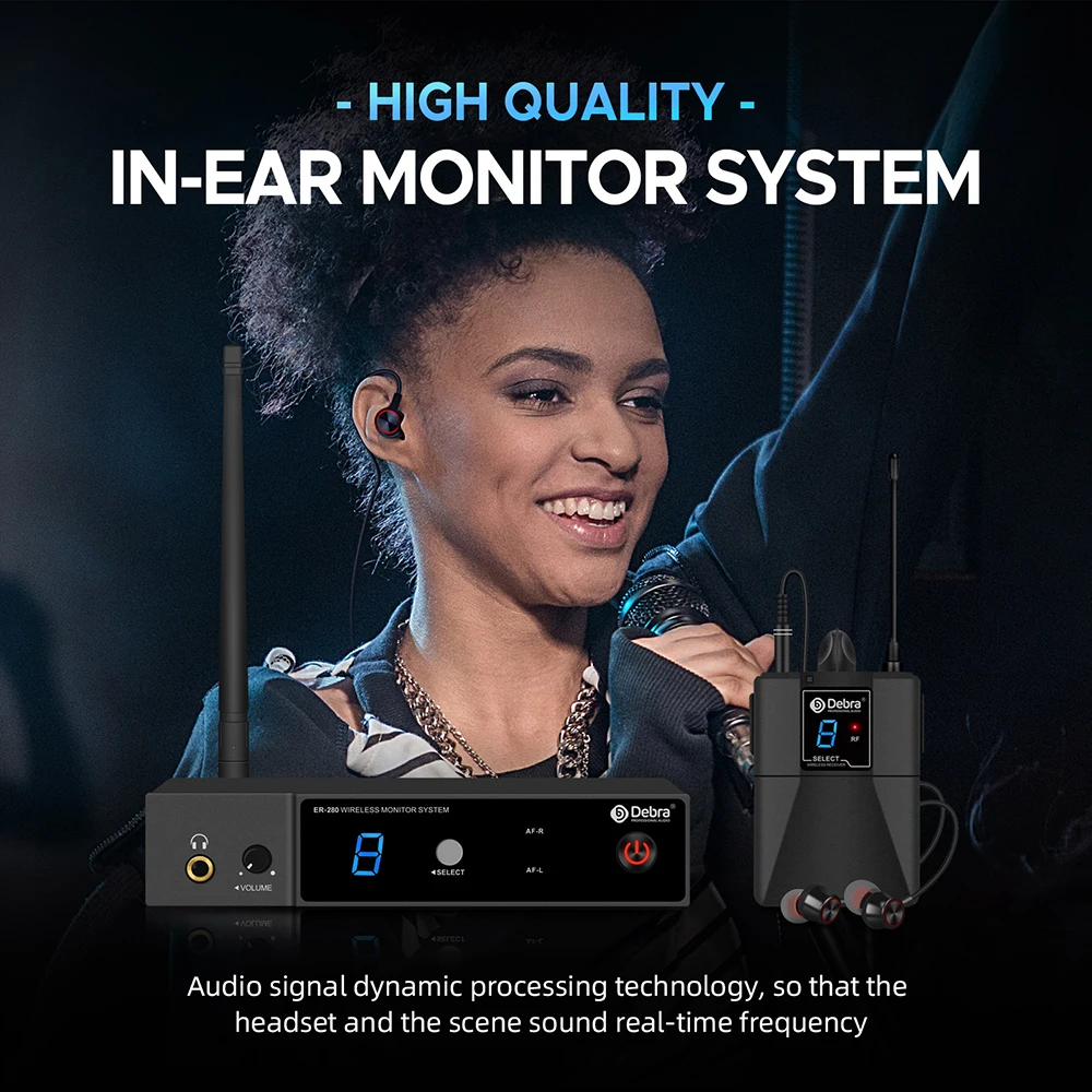 Фото Беспроводная система мониторинга Debra ER-280, Bluetooth 5.0, UHF, с несколькими приемниками, для концертов и студий звукозаписи №3