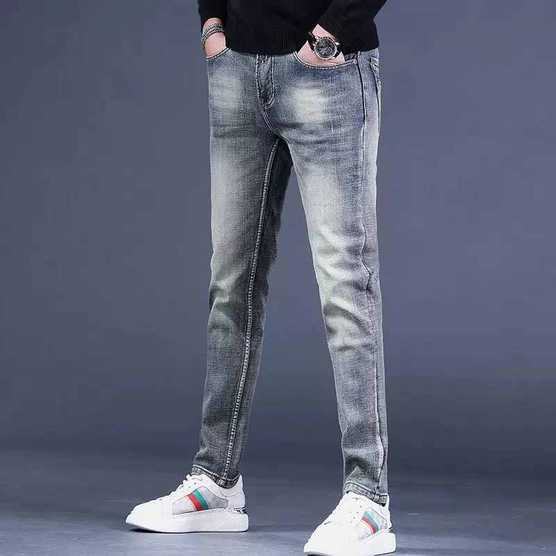 Men's Vintage Light Blue Jeans Autumn Streetwear Slim Fit Straight Pants Casual Cotton Scratched Denim Trousers CP2158