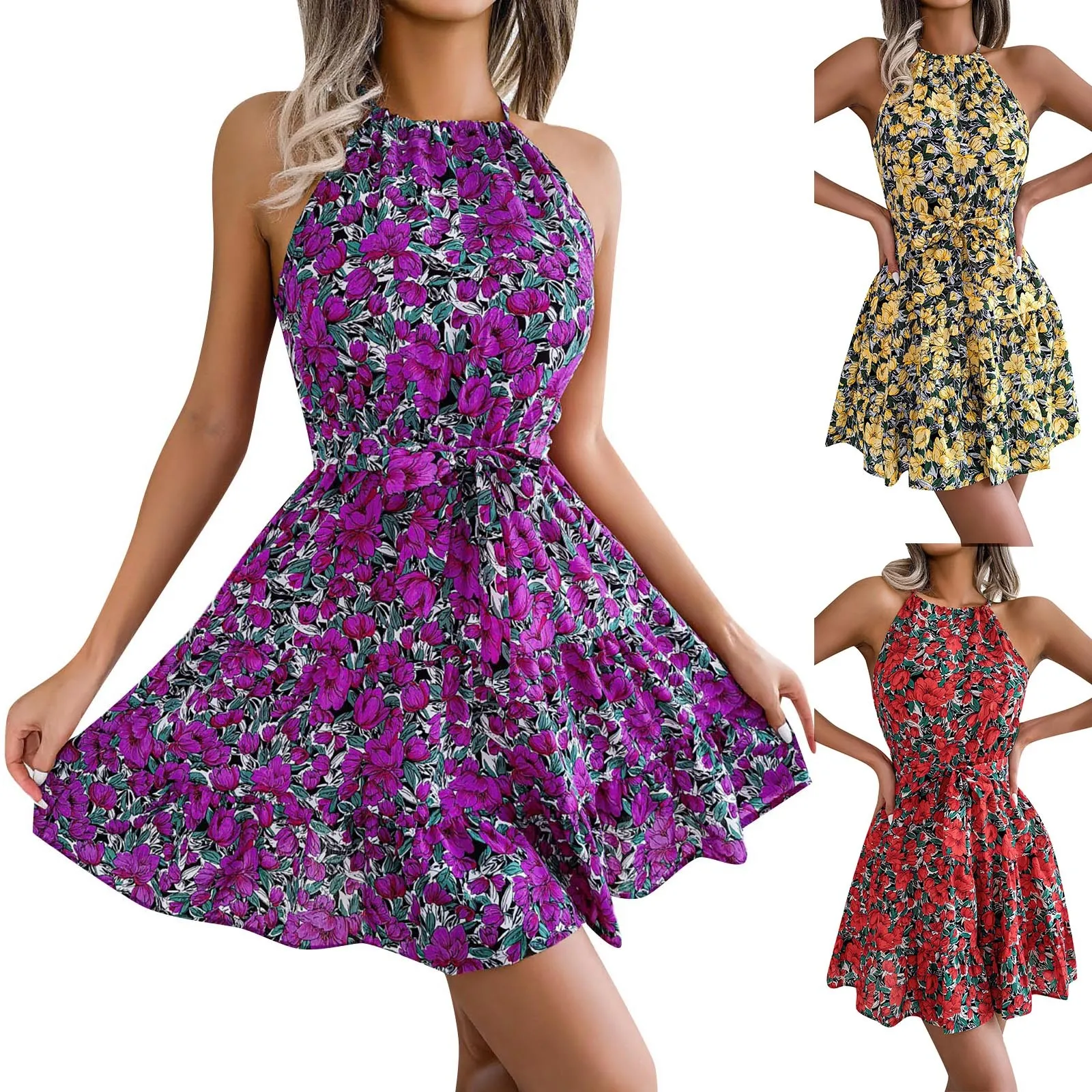

2023 New Pastoral Style Summer Dress Sleeveless High Waist Female Women Halter Floral Print Short Length Dress for Going Out