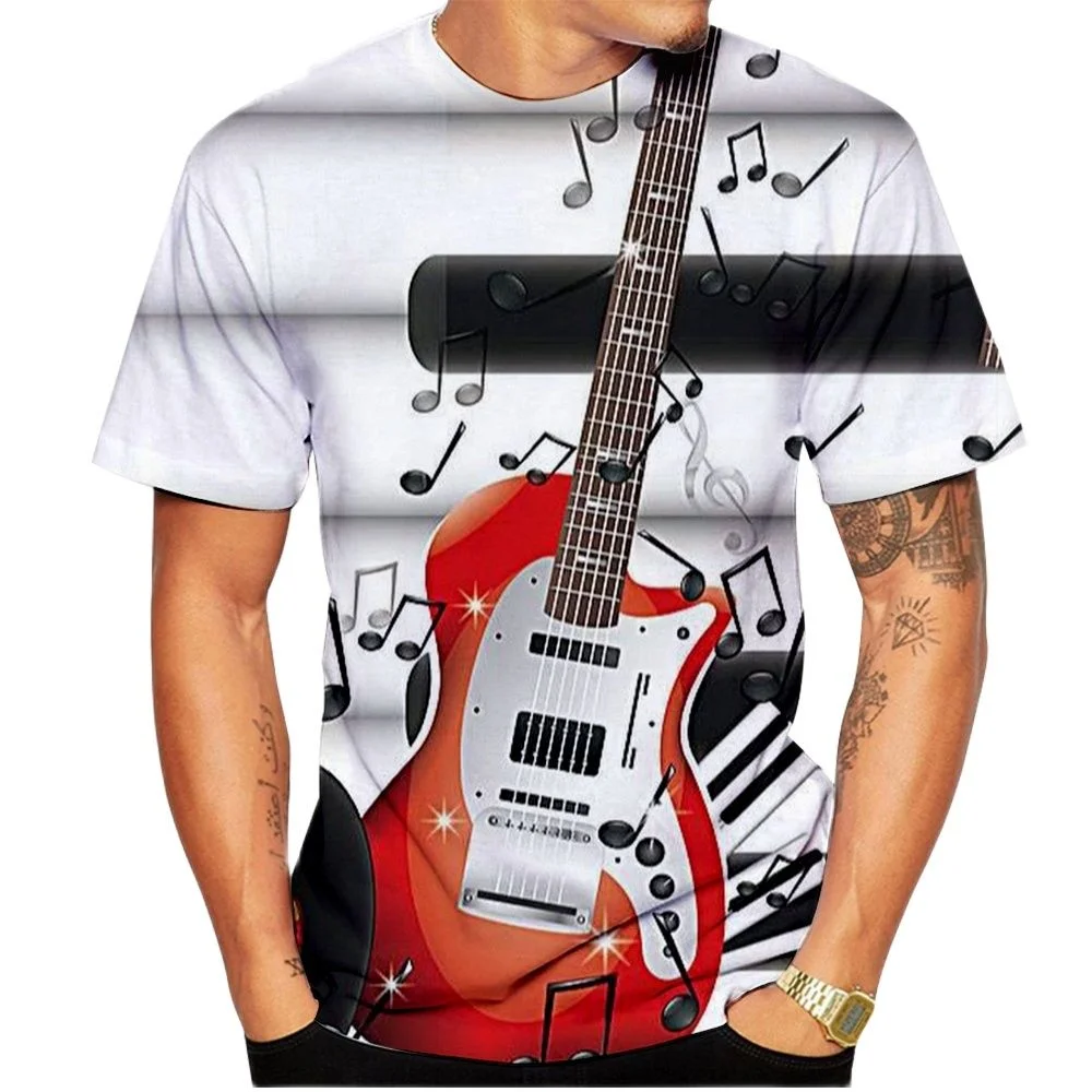 

2022 Summer Men's and Women's Funny Guitar 3D Printed T-shirt, Fashion Round Neck Short Sleeve Street Top