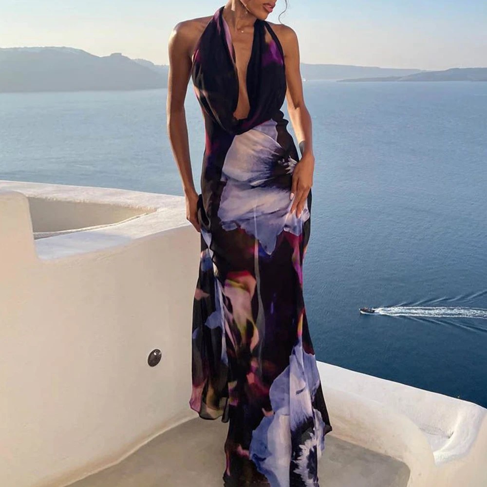 

Backless Maxi Dress Women Sexy Printed Mesh Sheer Sheer Body Dress 2023 Summer Beach Wear Elegant Sleeveless Club Party Dress
