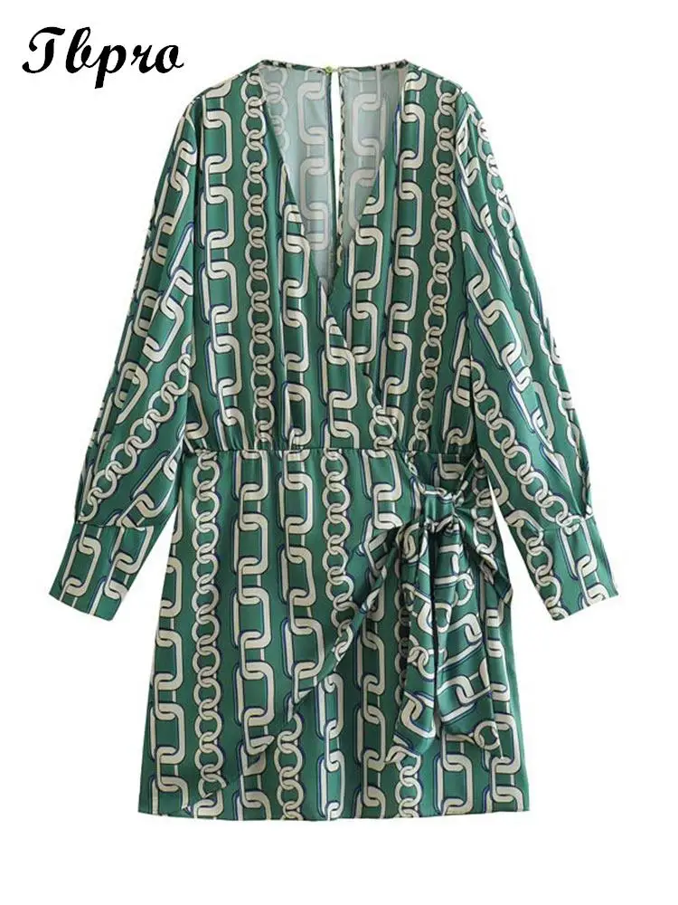 

Женское платье на шнуровке с принтом цепей, элегантное мини-платье с V-образным вырезом и длинным рукавом, весенние повседневные шикарные женские платья