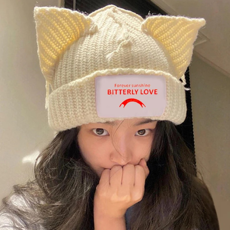 

Cat Ear Patch Knitted Hat Couple Knitted Piglet Wool Hat Cold Hat Autumn Winter Warm Hooded Beanies Hat Cap Hip Hop Beanie Hat