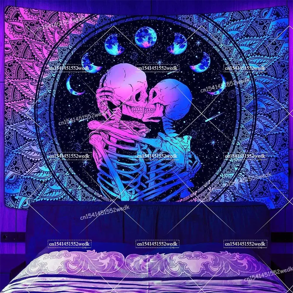 Хиппи Череп черный свет гобелен УФ реактивный Хэллоуин искусственный неон