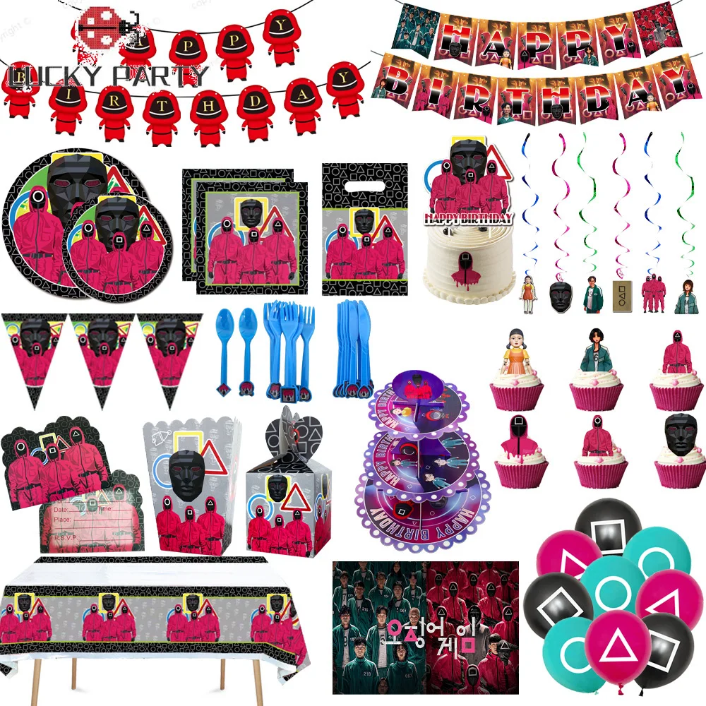 

Squid Game Theme Disposable Tableware Cup Balloon Banner Cake Topper Happy Birthday Baby Shower Party Decor Hanging Kid Favor