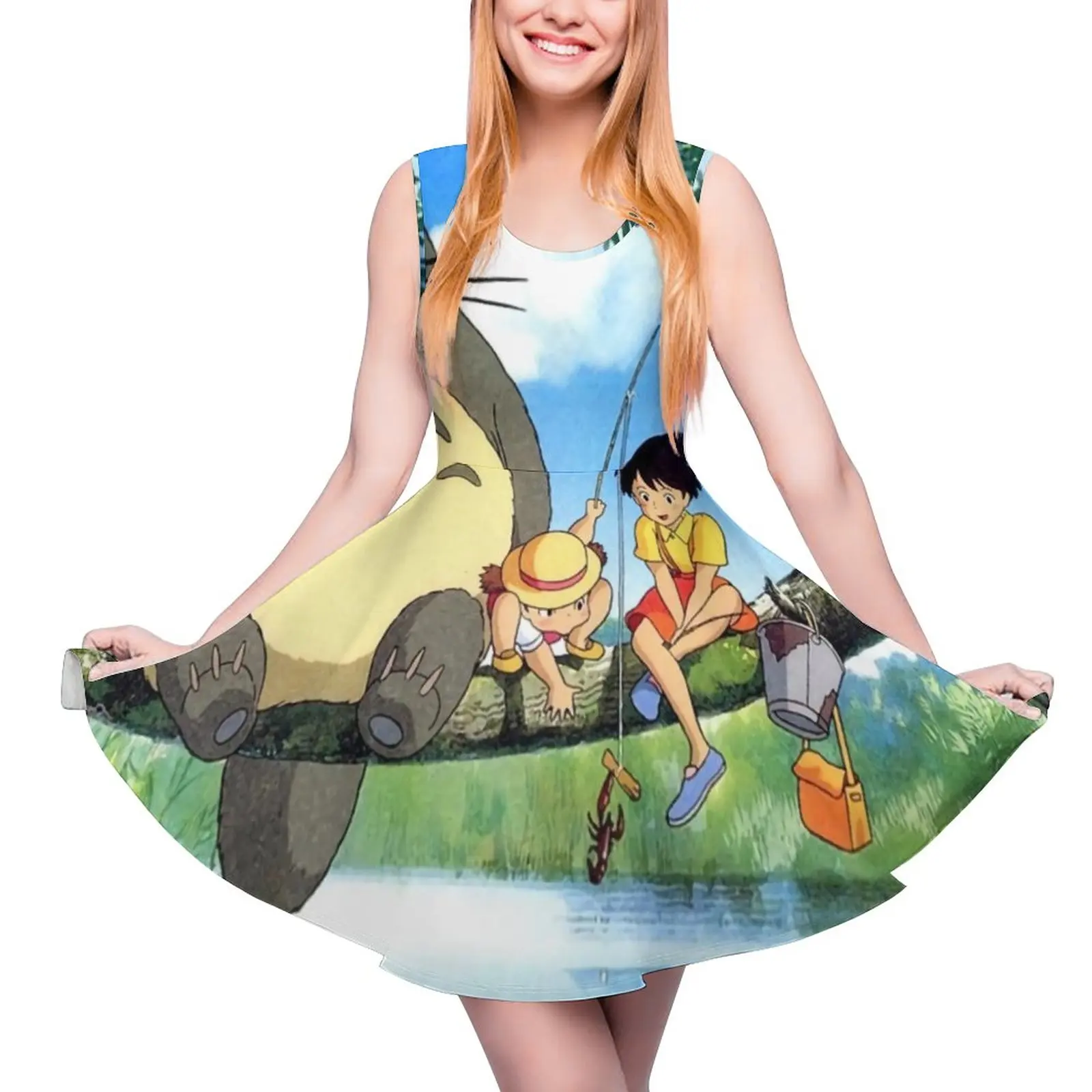 

Cartoon Totoro Dress Japanese Anime Print Kawaii Dresses Sleeveless Simple Printed Skate Dress Summer Women Oversized Vestido