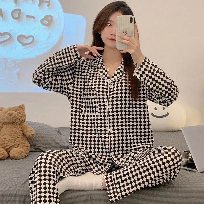 CAIYIER 2022 Women Pajamas Set Leopard Grain Long Sleeved Sleepwear Girls Soft Winter Leisure Nightwear Sweet Night Home Suit