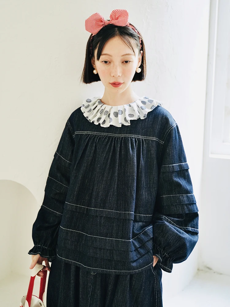 Imakokoni original designer autumn  winter blue denim long-sleeved jumper spliced cardigan cotton top coat for women