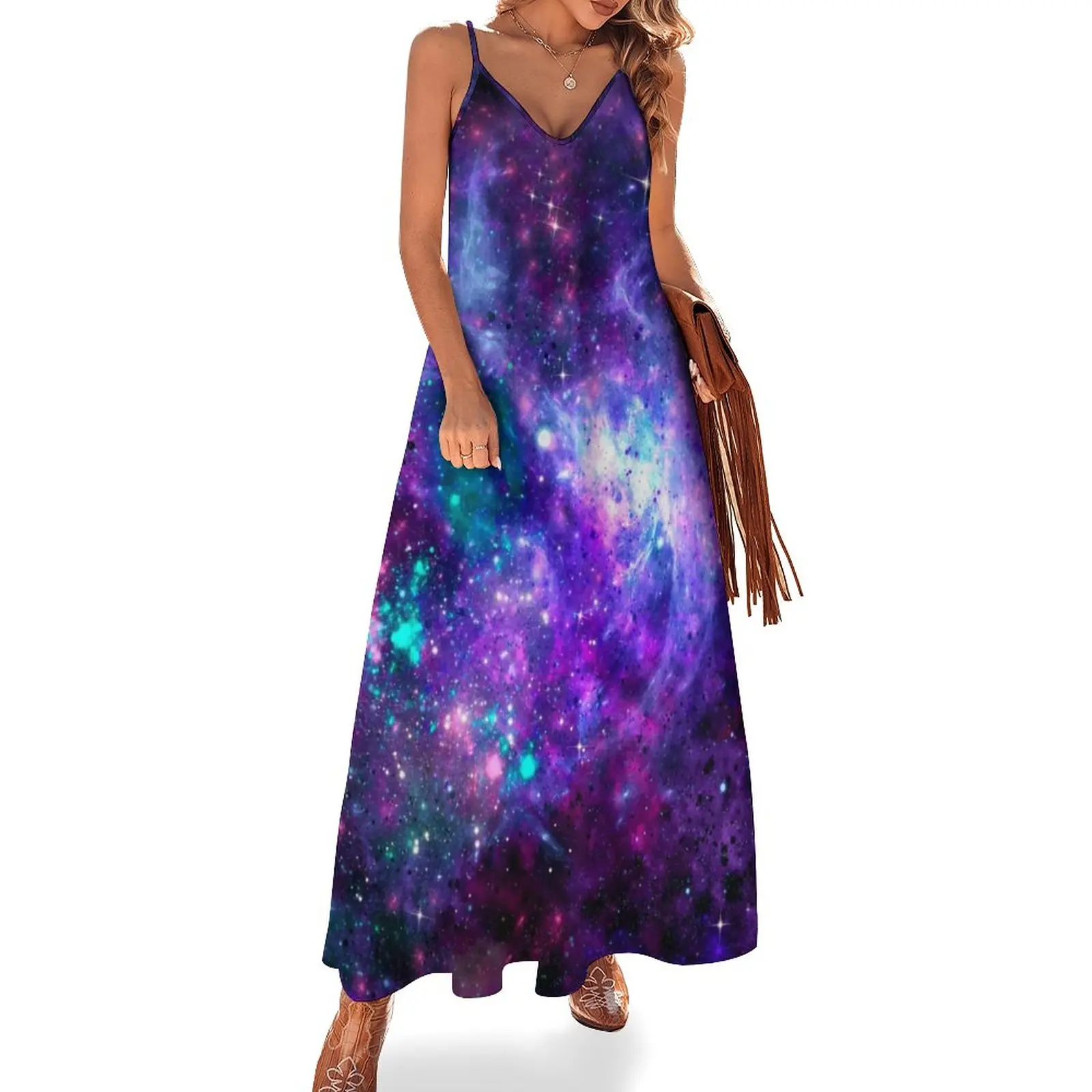 

Fantasy Galaxy Dress Cosmic Space Purple Teal Pink Sexy Maxi Dress Aesthetic Bohemia Long Dresses V Neck Large Size Vestidos