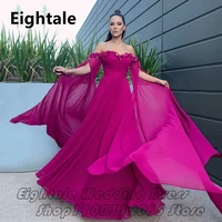 eightale arabic evening dresses with flowers off sholder long sleeve chiffon a line fuchsia formal prom gown vestidos de noche