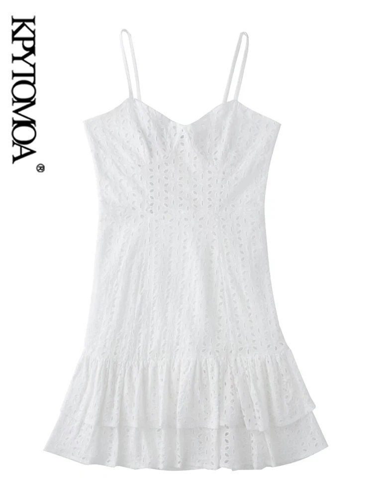 

KPYTOMOA Women Fashion With Cutwork Embroidery Ruffled Mini Dress Vintage Backless Smocked Thin Straps Female Dresses Vestidos