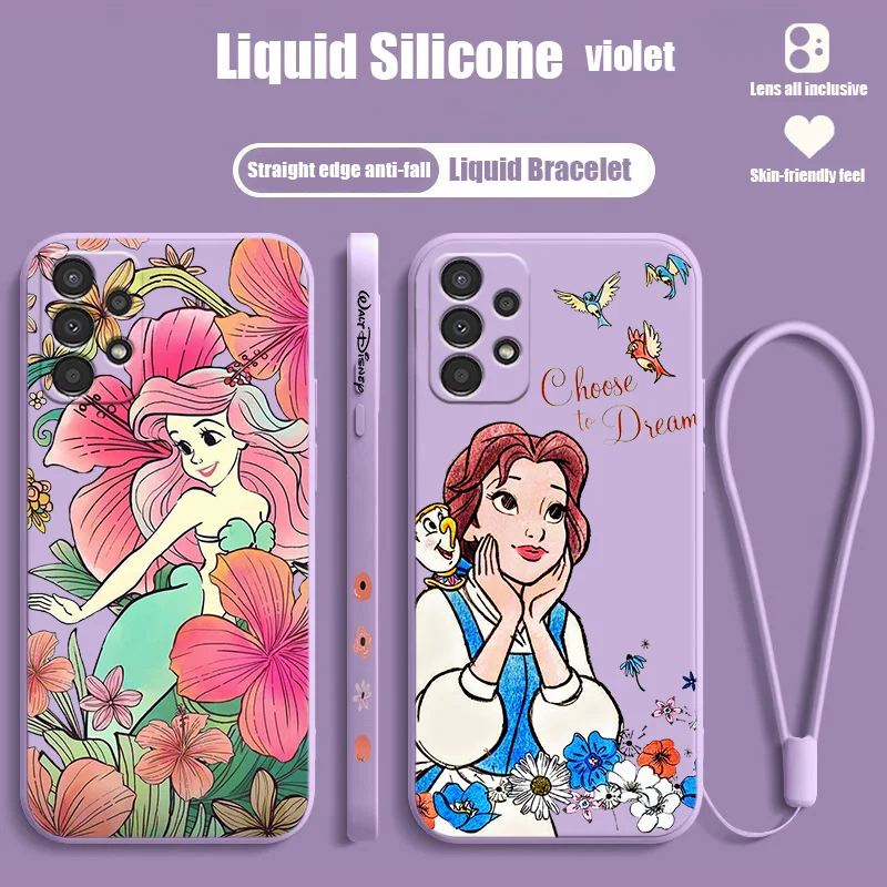 

Disney Cute Princess Flowers Liquid Left Rope Case For Samsung A91 A81 A71 A51 A41 A31 A11 A50S A3 A03S A02 A01 Core Cover