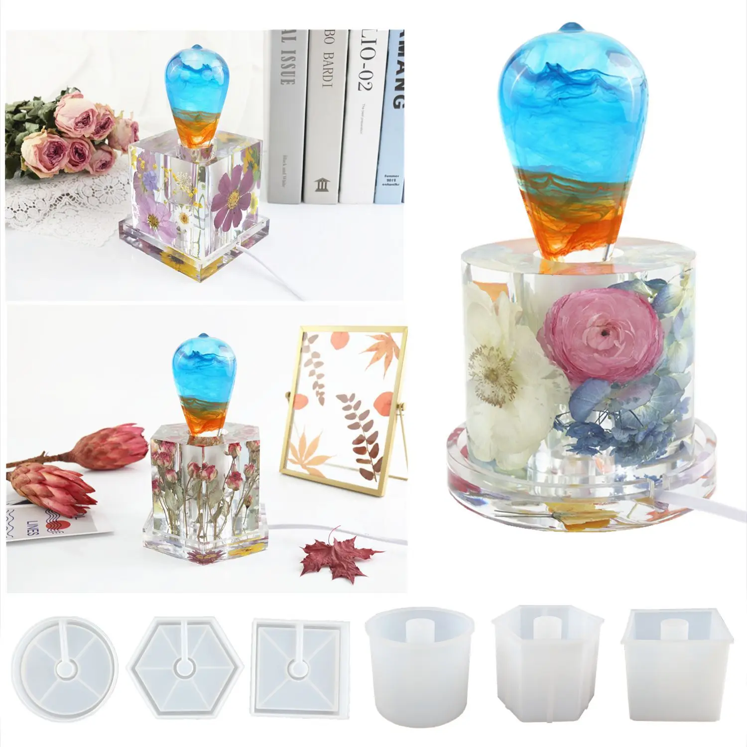 

Lamp Holder Hexagon Cube Cylinder Bedside Lamp Mirror Silicone Mold DIY Crystal Epoxy Resin Mold