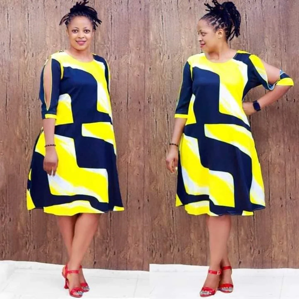 Plus Size Women Clothing Large Women's New Round Neck 3/4 Sleeve Pocket Dress Fashion Print Loose Casual Women's Dresses