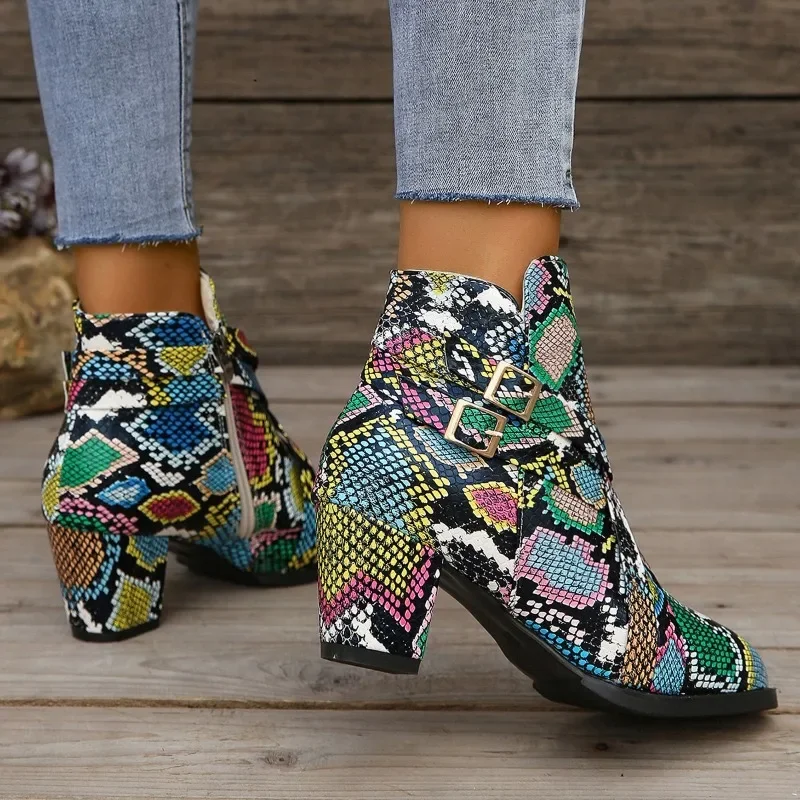 

Autumn New Fashion Women's Boots Women's High Heels Casual High Heels PU Printed Ankle Boots Zipper Women's Short Boots