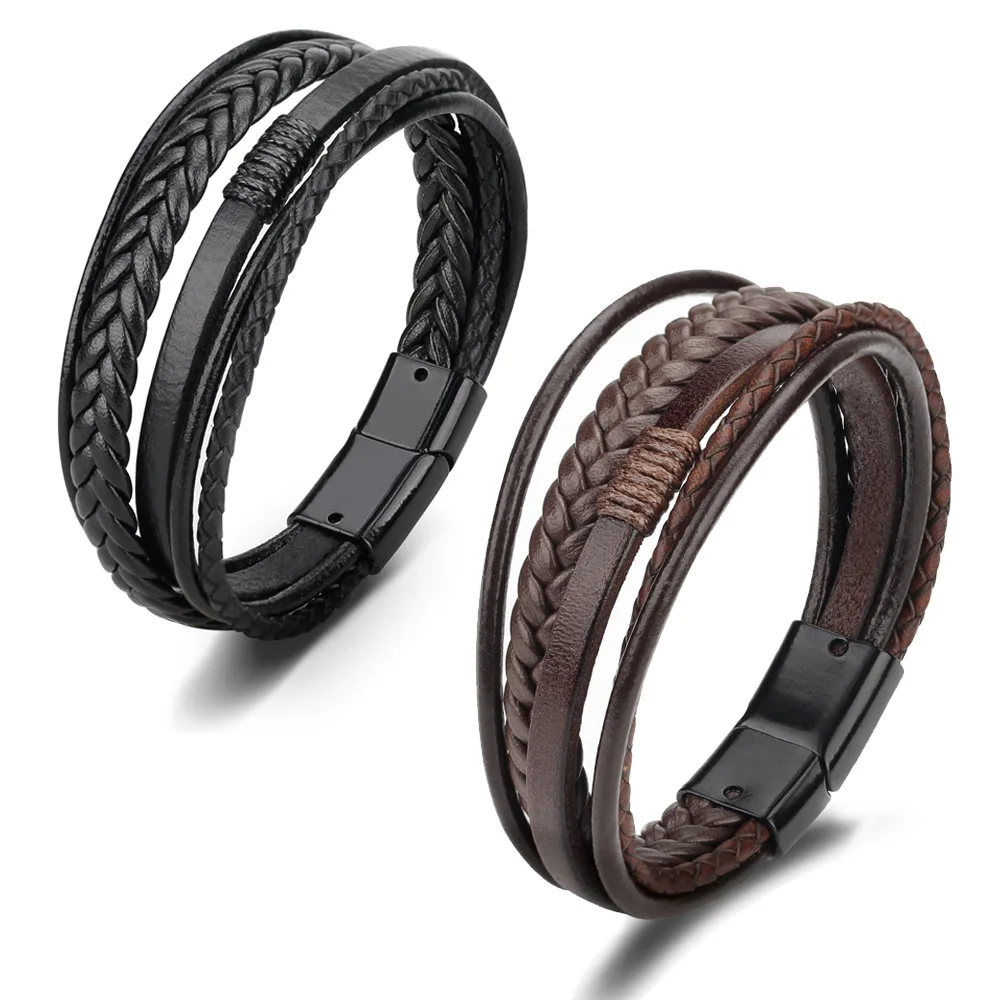 

Trendy Leather Bracelets Men Stainless Steel Multilayer Braided Rope Bracelets For Male Bracelets Jewelry Pulsera Hombre