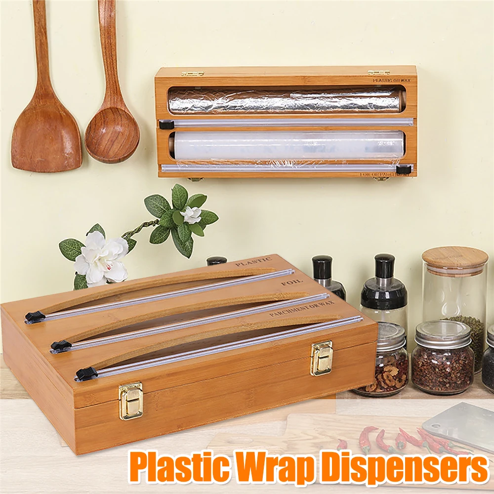 

Wooden Plastic Wrap Dispenser Wall Mounted Cling Flim and Tin Foil Holder Food lastic Wrap Cling Cutting Box Kitchen Accessories