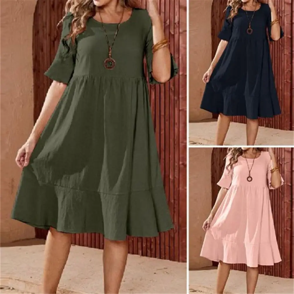

Summer Dress O-Neck Flared Short Sleeve Midi Dress High Waist Thin Colorfast Ruffle Flowy Hem Solid A-line Midi Dress
