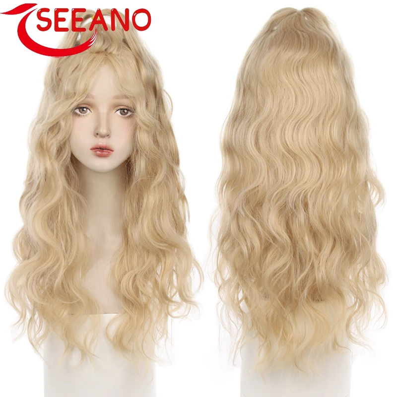

SEEANO Synthetic Cosplay Wig Long Straight Girl Black Wig With Bangs Heat resistant Pink Red Black Purple Halloween Party Wig