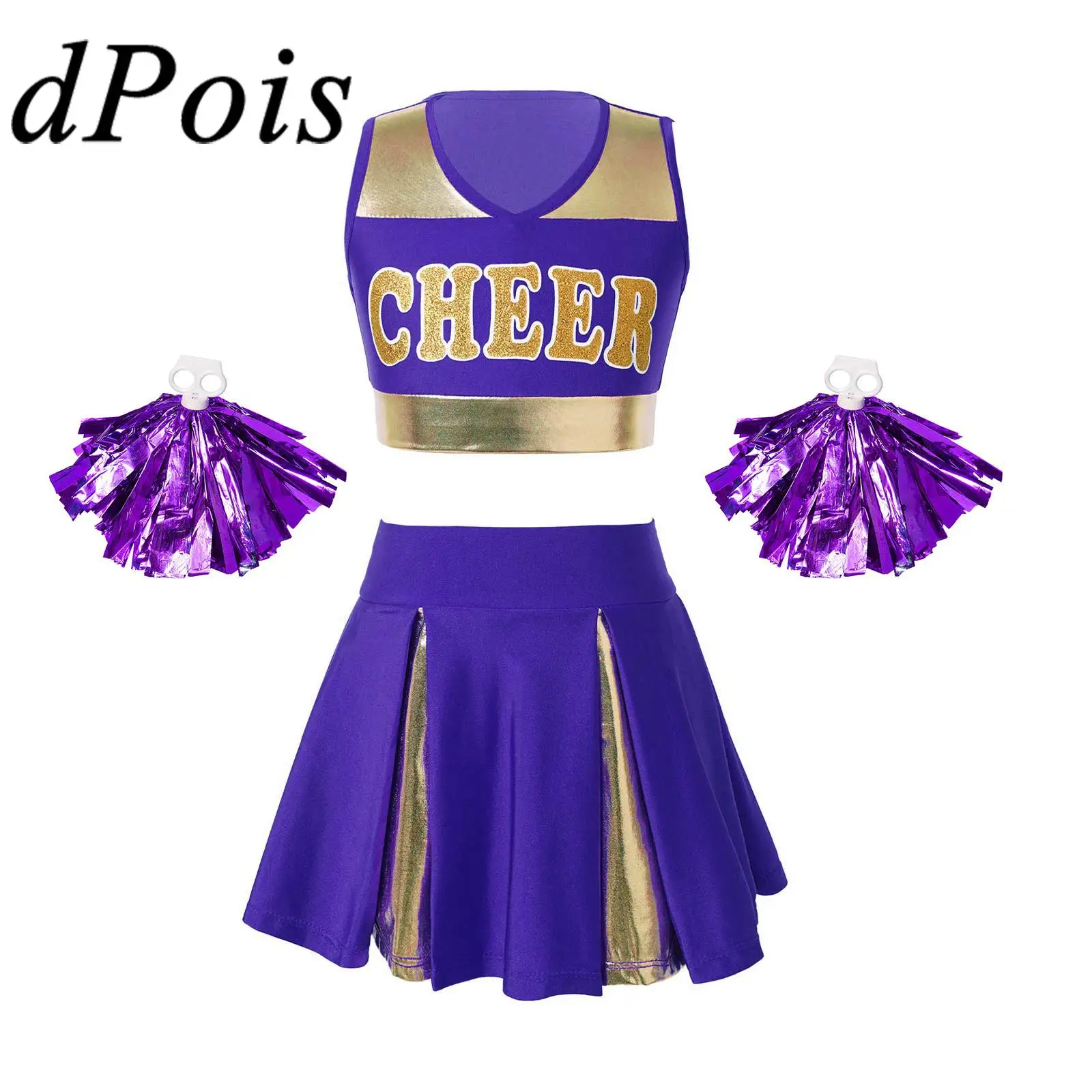 

Kids Cosplay Cheerleading Uniforms School Girls Cheerleader Costume Cheer Dance Crop Top with Skirt And Tassel Flower Ball