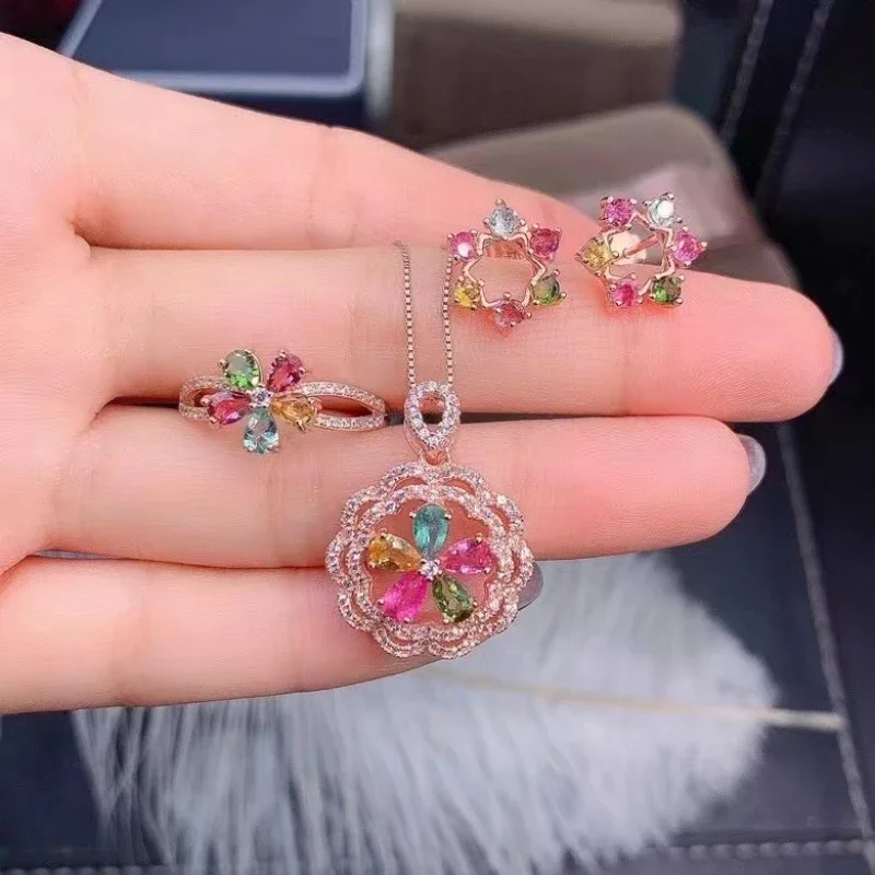 Набор из натурального турмалина кольцо подвеска серьги красочный арбуз турмалин