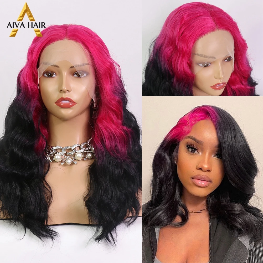 Ombre Pink Lace Front Wig Synthetic Hair Aiva Ombre Pink Black Wig Heat Resistant Synthetic Wigs Drag Queen Wigs For Women