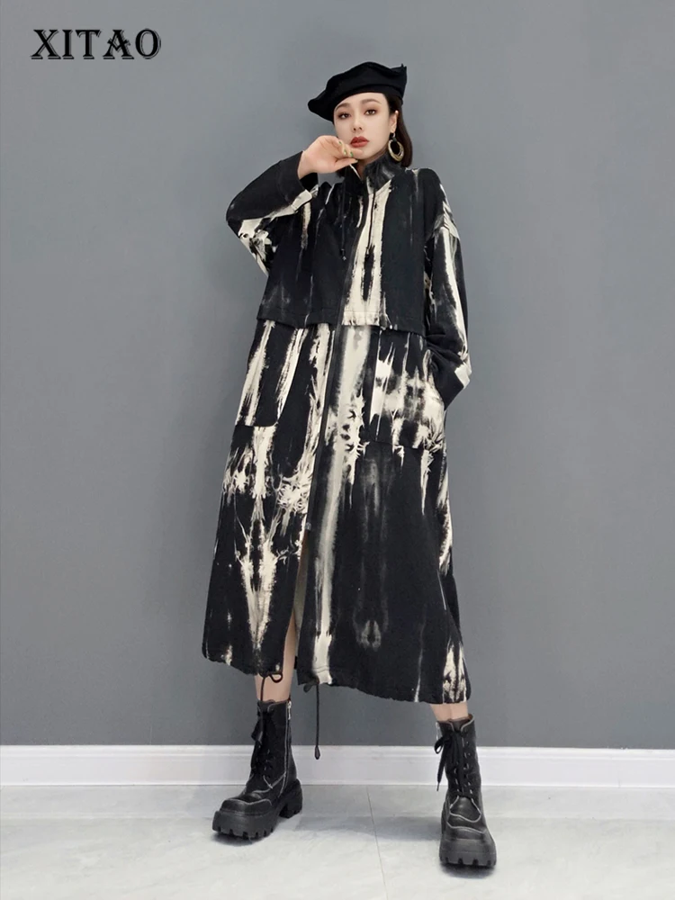 

XITAO Fashion Women Trench Loose Contrast Color Print Draw String Bandage Zipper Splicing Autumn New Long Sleeve Coat GCC2366