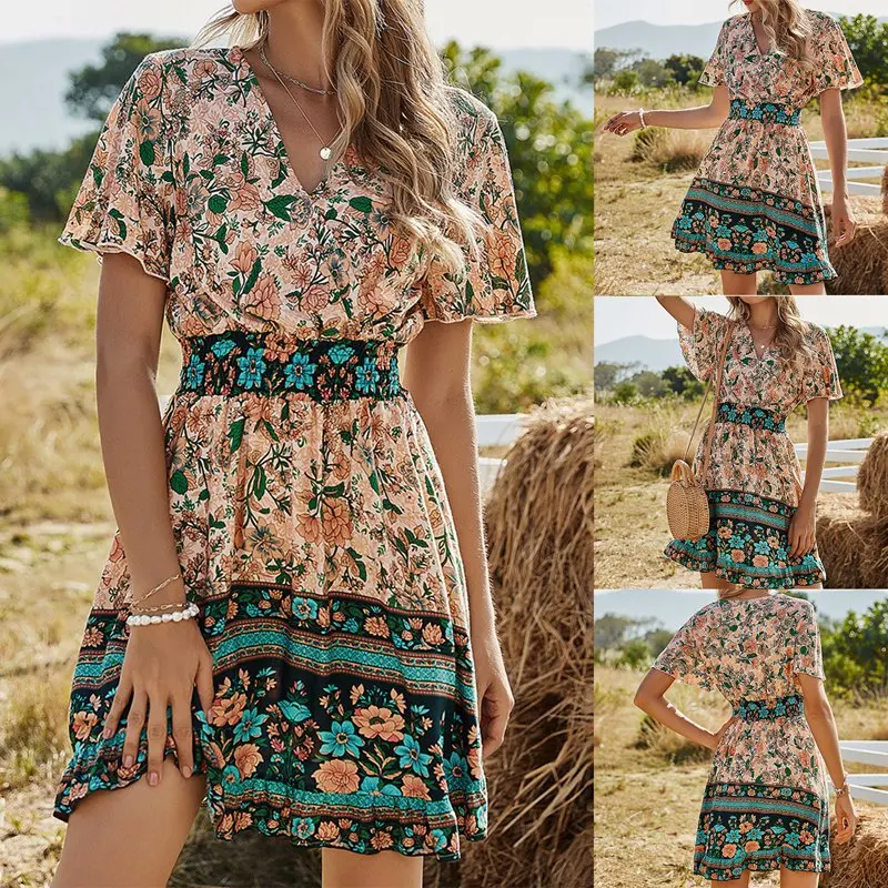 

ASDS-Women's High Waist V-Neck Short Sleeve Boho Printed Dress Pink Apricot