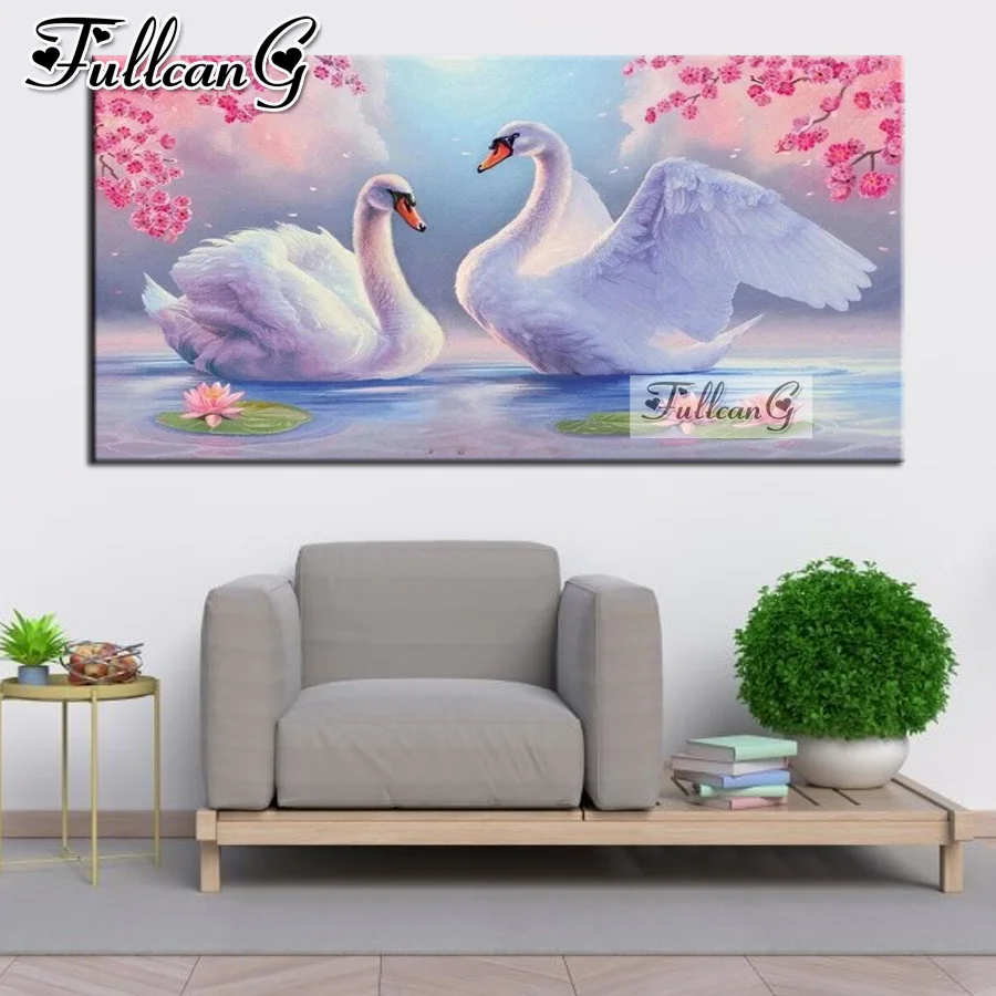 

pink flower white swan large 5d diy diamond painting full square round drill mosaic embroidery animal flowers home decor AA3532