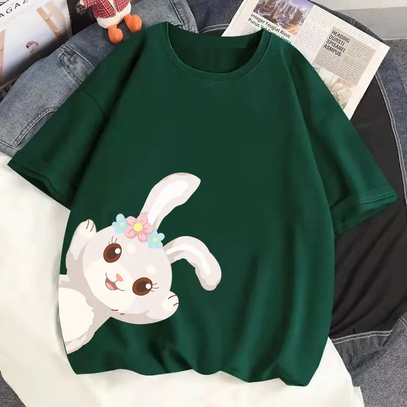 

Cute little white rabbit cotton ladies T-shirt round neck large size t-shirt short-sleeved new top loose student trendy summer