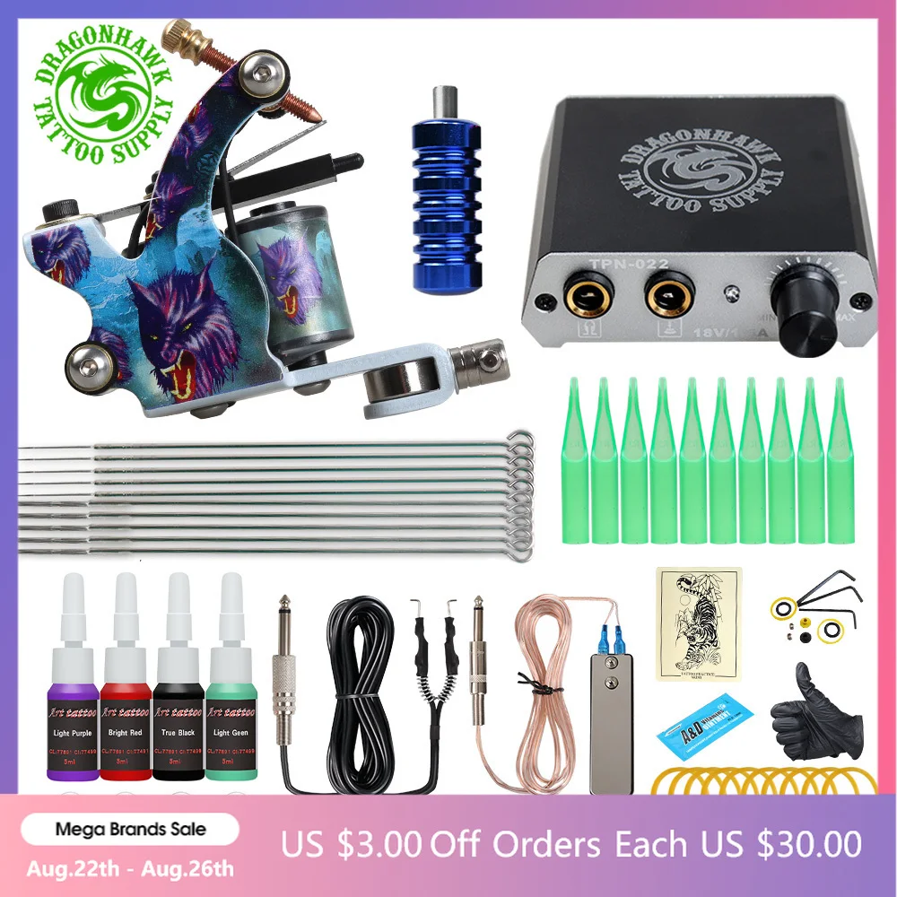 Free Ship Cheap Beginner Tattoo Kit with Hot Sales USA Brand Ink One Machine Complete  Power Supply Dragonhawk Art Pigment