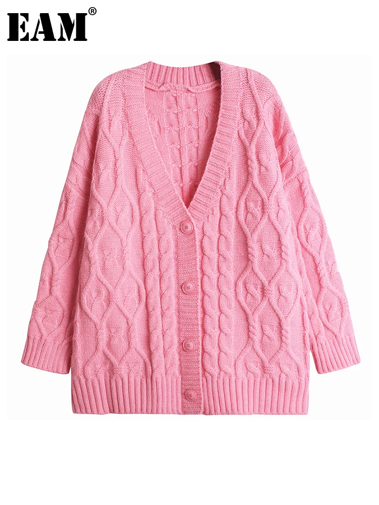 

[EAM] Green Thick Big Size Knitting Cardigan Sweater Loose Fit V-Neck Long Sleeve Women New Fashion Autumn Winter 2023 1DF0142