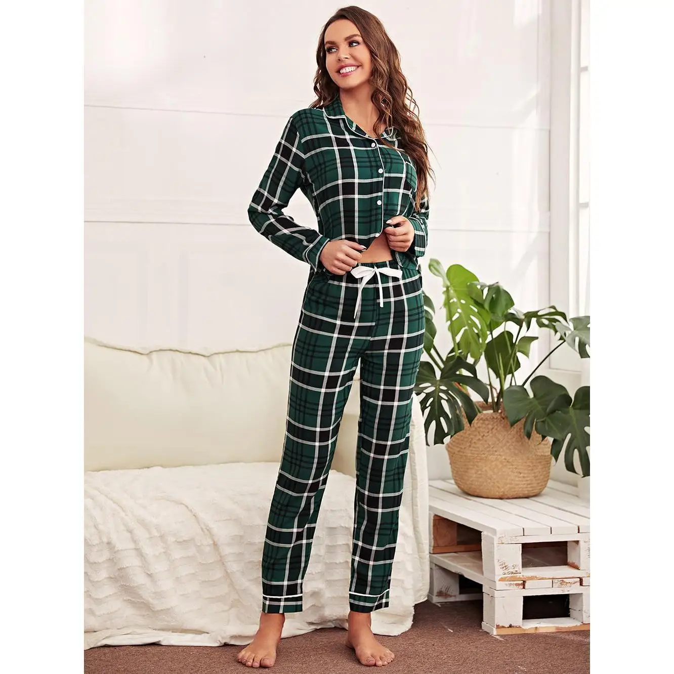 

Home wear women's European and American plaid cardigan long sleeved top long pajamas pajama set