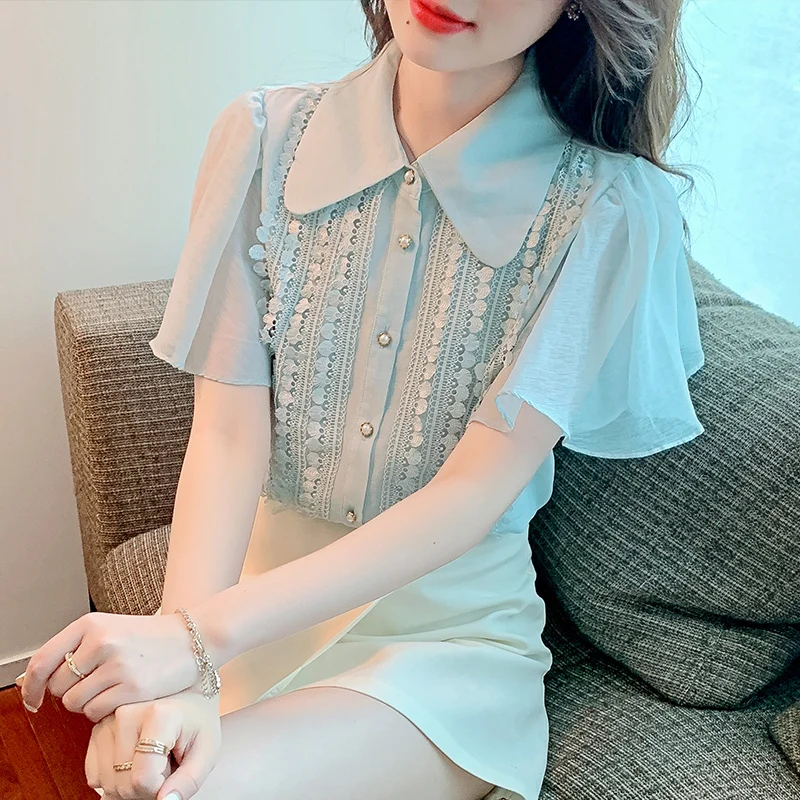 

2022 OL Clothing Summer Tops Patchwork Lace Shirt Doll collar Ruffled Flying sleeve Women Chiffon blouse
