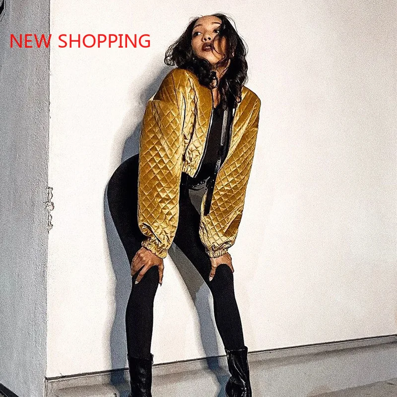 Fashion Bomber Jacket Plaid Warm Gold Black Parka Women Streetwear Cotton Zipper Winter Jackets Casual Chic Long Sleeve Parkas