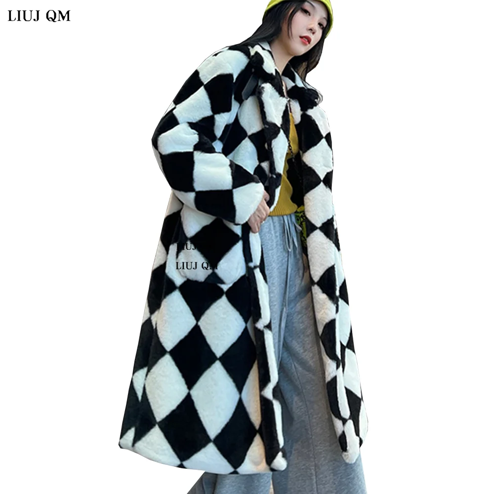 Double Breasted Plaid Faux Fur Coat Women Parka Long Warm Faux Fur Jacket Female Loose Winter Overcoat Outwear Casaco Feminino