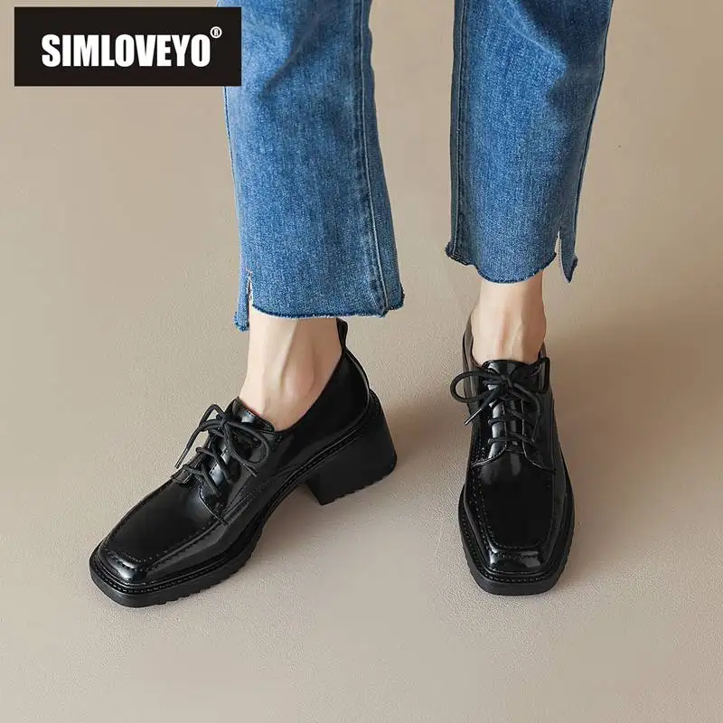 

Броги SIMLOVEYO женские из натуральной кожи с квадратным носком на высоком массивном каблуке 6,5 см, на шнуровке, повседневные туфли-лодочки в бри...