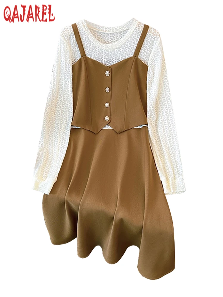 2024 черное лоскутное кружевное платье миди с длинным рукавом женское модное из