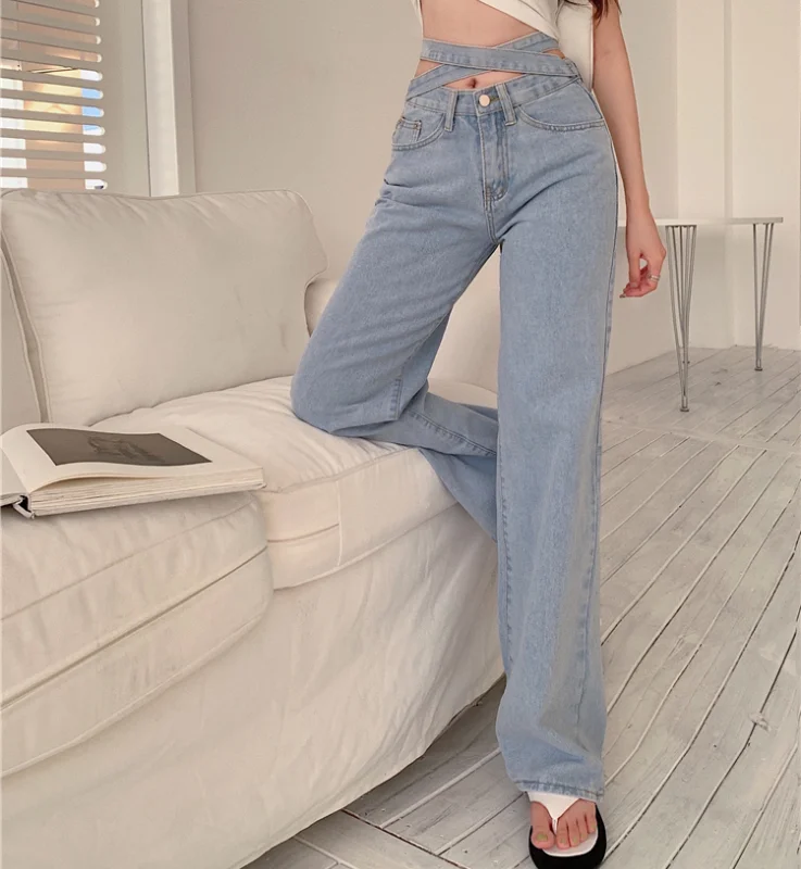 Women Vintage Washed Wide-leg Pants Harajuku Cross Lace-up High Waist Jeans Korean Fashion Streetwear Blue Denim Trousers 2021