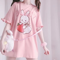 pink cute bunny print oversized t shirt lace short sleeves japanese kawaii girls tees summer comfortable loose tshirts for women