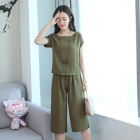 summer new womens casual sportswear suit female clothes black green caramel short sleeved cropped trousers two piece bs5777