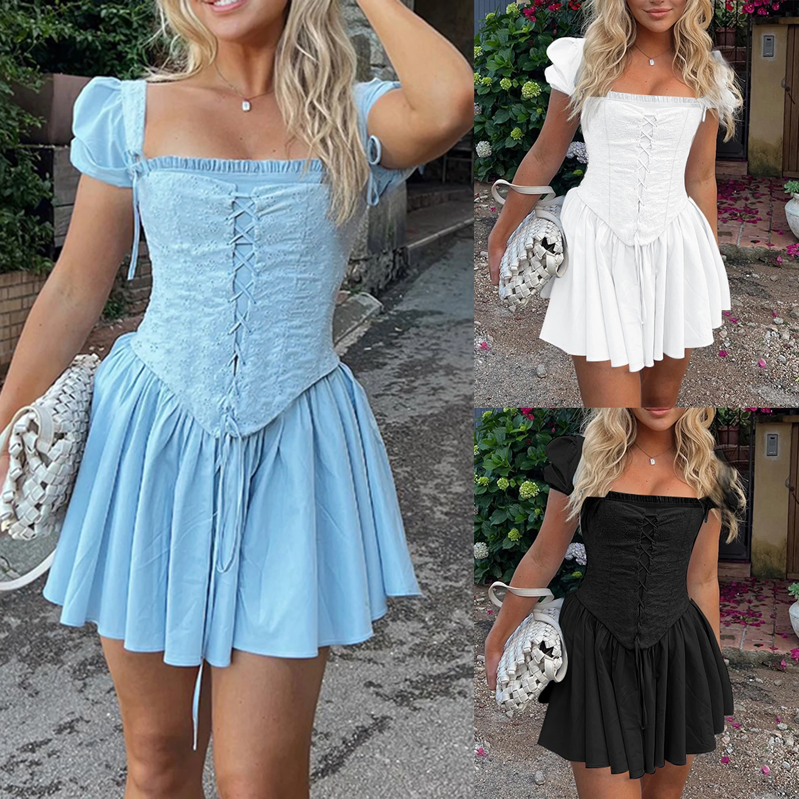 

Ladies Summer Short Dress Square Neck Women Tunic Elegant Dress Puff Sleeve Solid Color Slim Fit Sexy Daily Oufifit Sundress